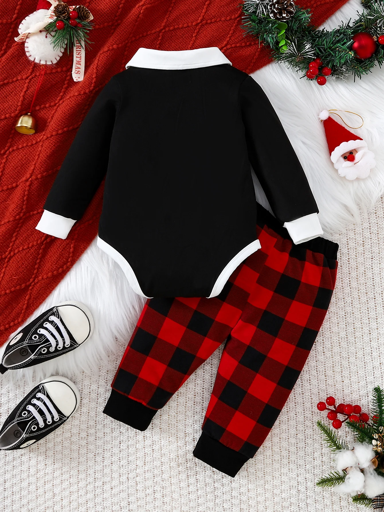 Baby Boy 6M-18M Christmas Outfit 2Pcs Merry Christmas Print Bodysuit Red Plaid Pants Bow Tie Infant Holiday Clothes Set