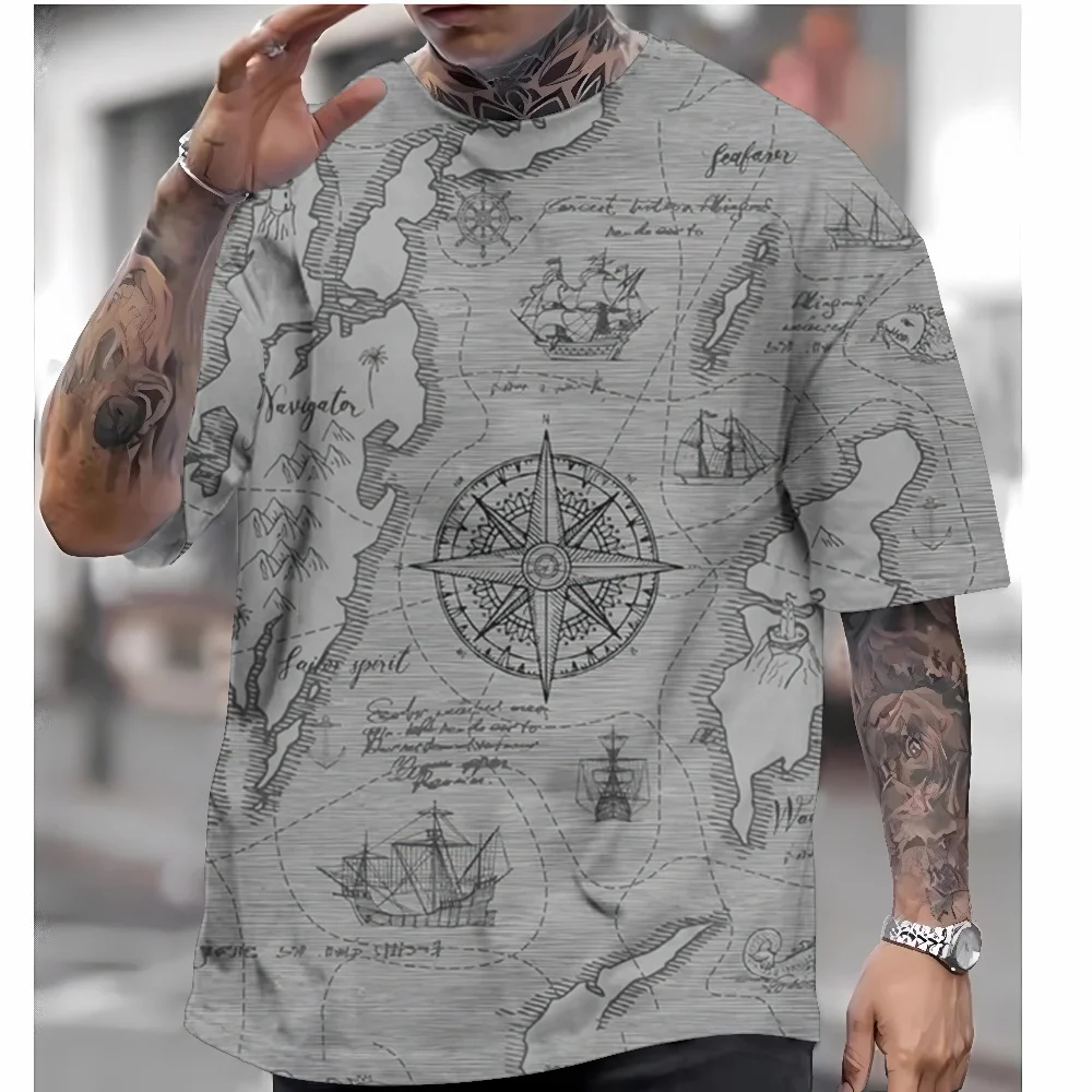 Men\'s Vintage Nautical Map Compass Print T-Shirt Summer Daily Loose Short Sleeve Male Tops Casual Tees Unisex Clothing Apparel