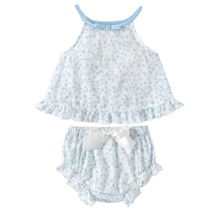 

2Piece Sets Summer Infant Girl Clothes Korean Fashion Cute Flowers Sleeveless Blue Tops+Shorts Baby Stuff Newborn Items B003
