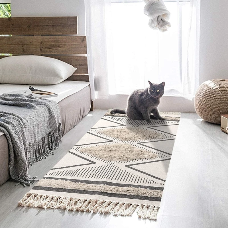 Inyahome-Boho Kitchen Runner Rug, Cotton Tufted, Geometric Rugs with Tassels, Chic Diamond, Farmhouse Rug, Hallway Throw Doormat