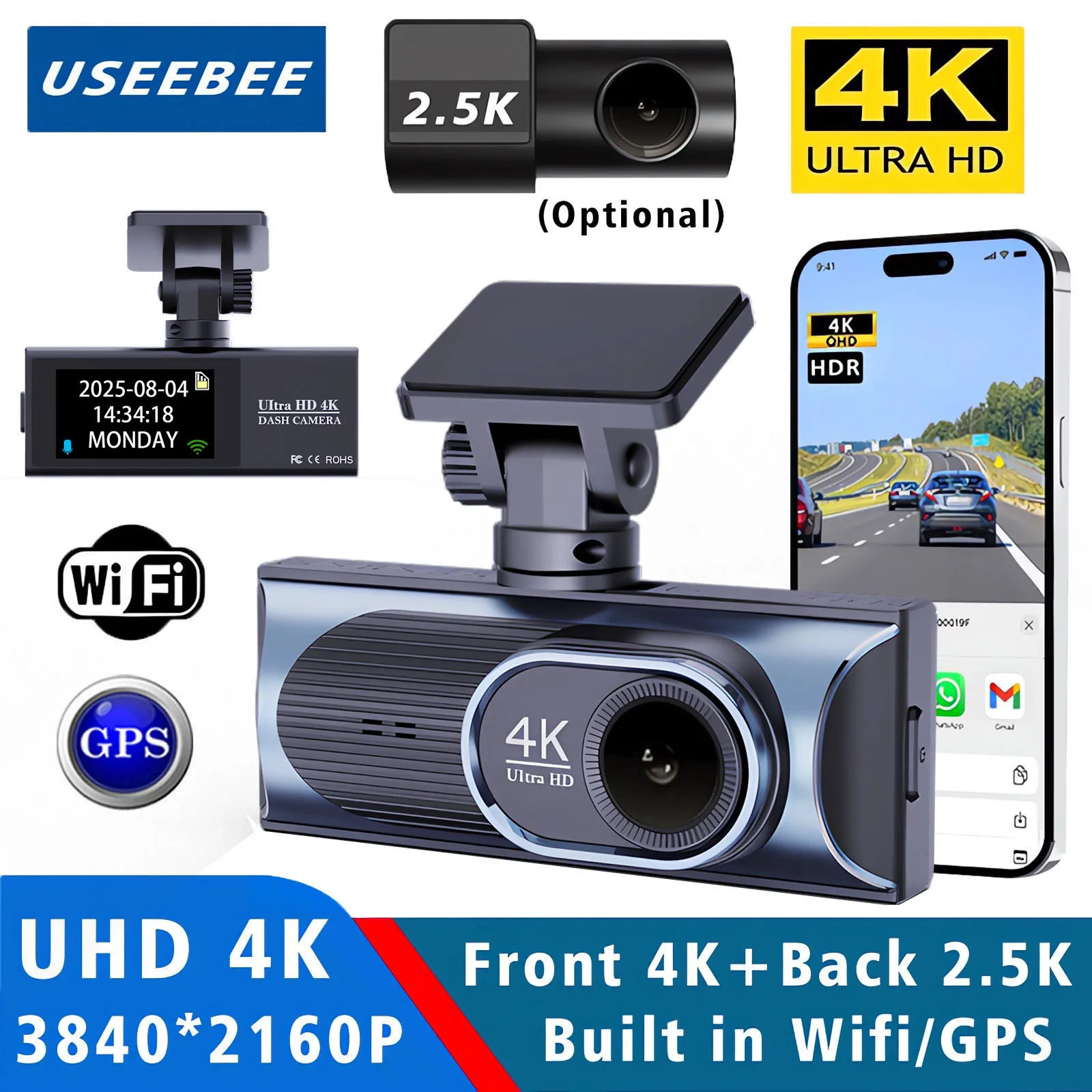 Ultra HD 4K 3840*2160P Dash Cam 24H مراقبة مواقف السيارات DVR اختياري 2.5K للرؤية الليلية كاميرا خلفية GPS WiFi APP التحكم