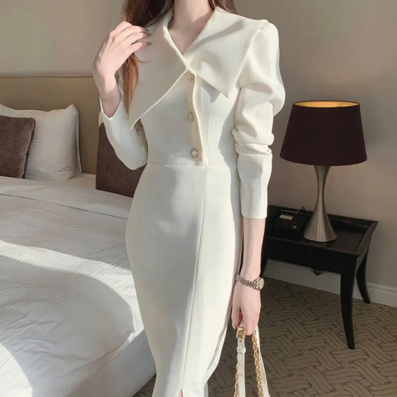 Elegancka Jesienna Prosta Sukienka Bodycon z Szyfonu z Kołnierzykiem, Zapinana na Guziki z Boku, Wyszczuplająca w Talii, Długa, Moda Damska
