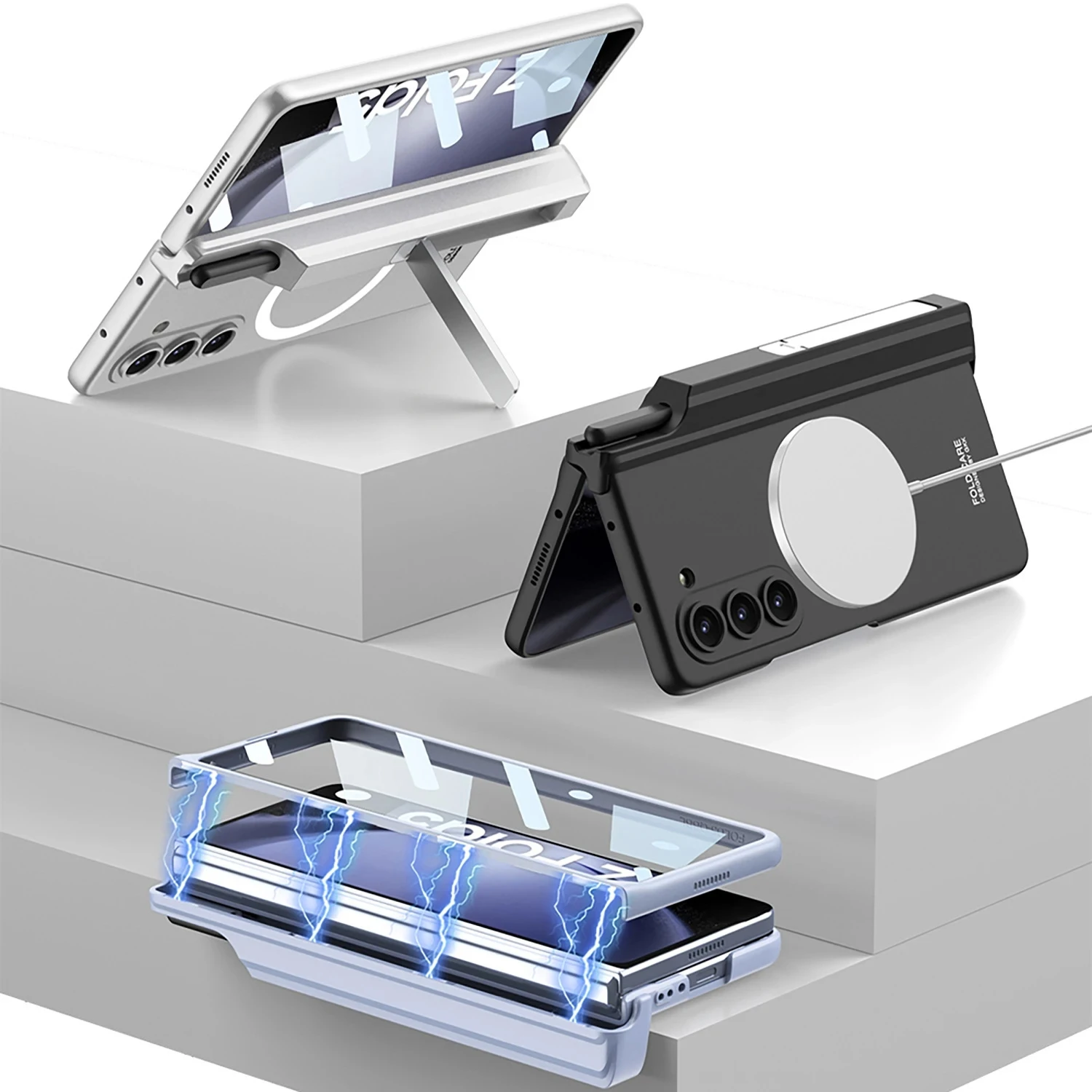 High quality hinged pen holder with tempered film cover Samsung Galaxy Z Fold 5 Magsafe wireless magnetic charging matte Case