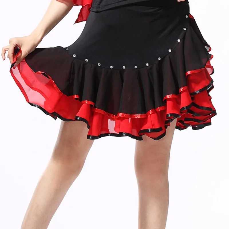 Gonna da ballo latino personalizzata con gonna quadrata a metà corpo con intarsio di diamanti Costume da competizione per spettacoli per adulti