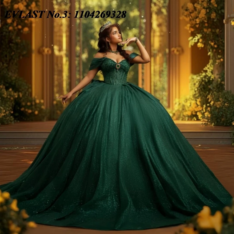 

EVLAST Customized Shiny 2025 Green Quinceanera Dress Ball Gown Glitter Applique Beading Bow Sweet 16 Vestidos De 15 Anos E3Q828