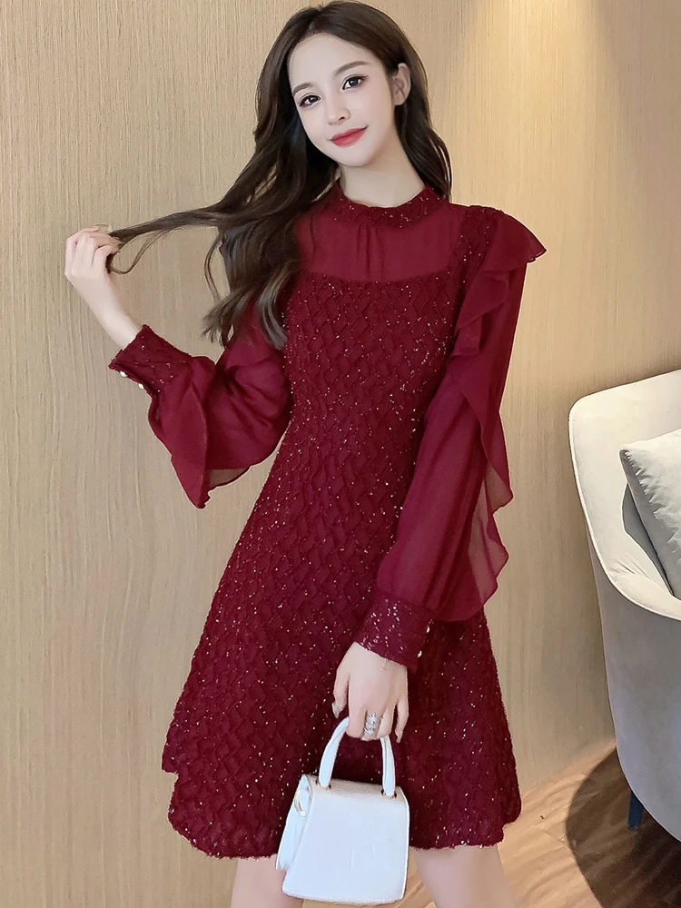 Autumn Winter Stand Collar Ruffles Mesh Patchwork Mini Dress Women Long Sleeve Elegant Fashion Bright Silk A-line Dresses Robe