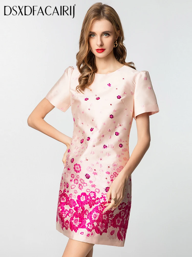 

DSFACAIRIJ Women's O-Neck Short Sleeve Diamond Beaded Vintage Jacquard Mini Dress Summer Fashion Female Clothing