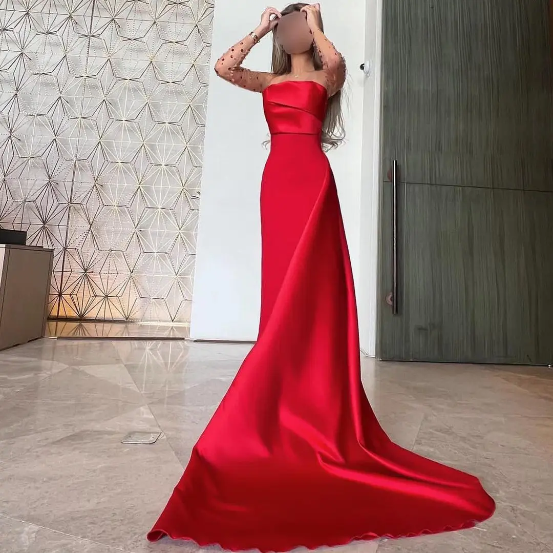 Customized Mermaid Red Evening Dresses Strapless Beadings Sleeves Ankle Length Prom Dresses Vestidos De Noche