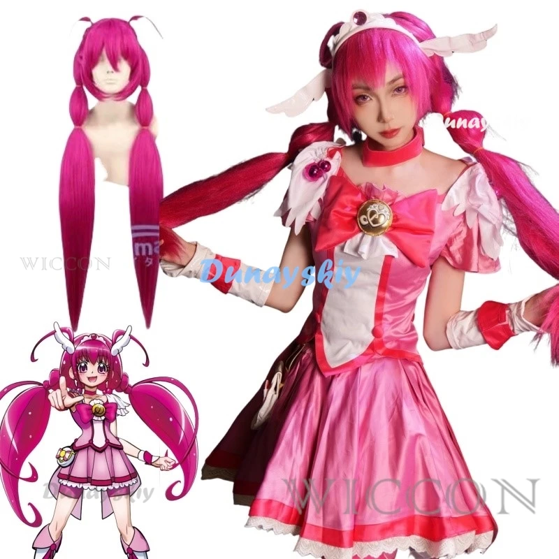 Cure Happy Cosplay Costume Hoshizora Miyuki Precure Women's Bow Battlesuit Cosplay Costume Outfits with Waist Wig Accessories