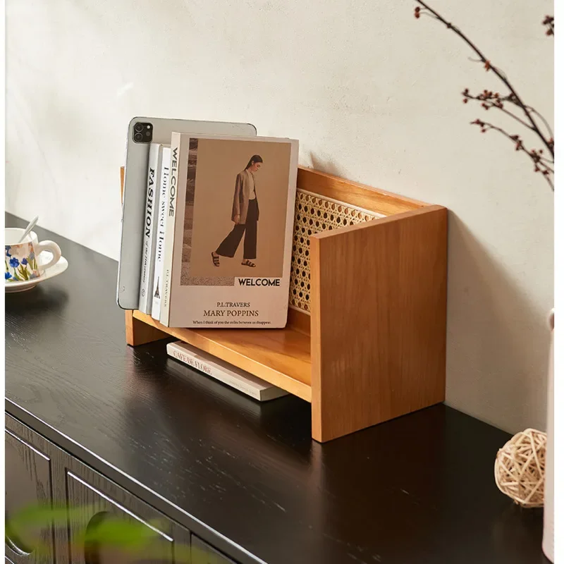 Nordic Creative Book Shelves Solid Wood Magazine Rack Desktop Multilayered Newspapers Shelf Natural Rattan Weaving Display Stand