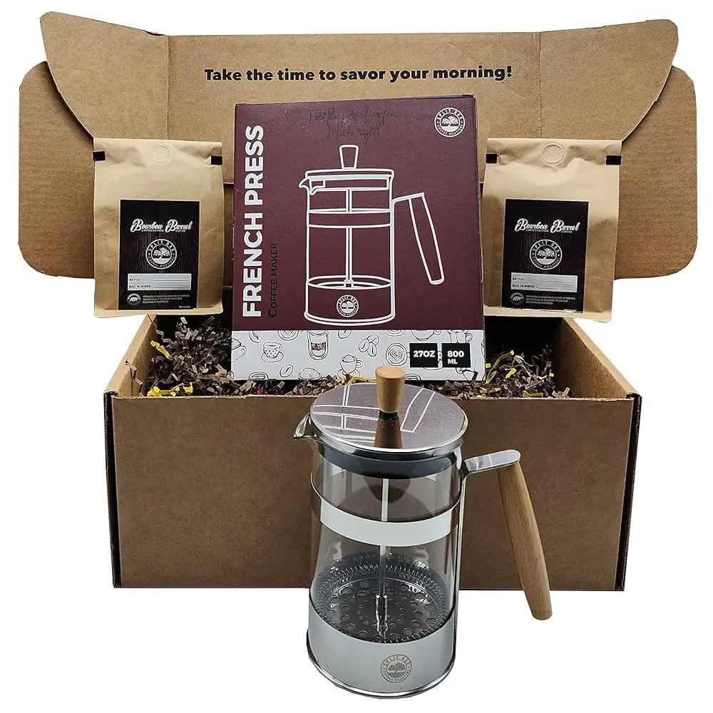 Geschenkset für Männer und Frauen mit 2 Pa Bio-B Bourbonfass, gealterten ganzen Bohnen, gerösteten Kaffee + 1 französischer Edelstahl