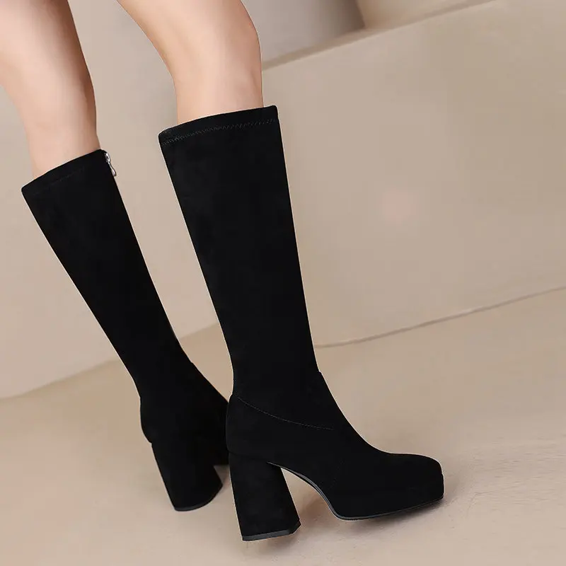 REAVE CAT Women Knee High Boots Flock Suede Round Toe Block Heels 9cm Platform 2cm Slip On 45 46 47 Concise Daily Female Booties