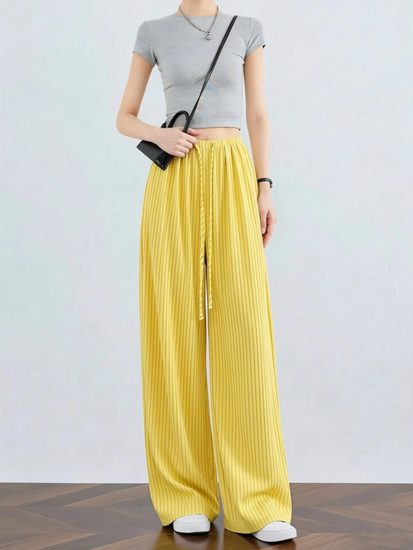 

Женские брюки с высокой талией и широкими штанинами, свободного кроя, в полоску, стройнящие, весенний дизайн, прямые брюки в полоску