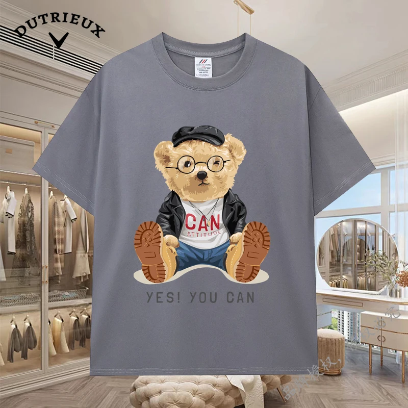 2024 New Luxury Bear Short Sleeved Men's and Women's Loose 230g Fabric weight Cotton Versatile Round Neck Breathable Inner Layup