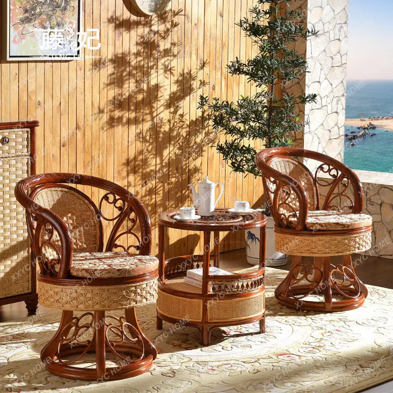 Household balcony small table and chair combination single real rattan rotating back chair