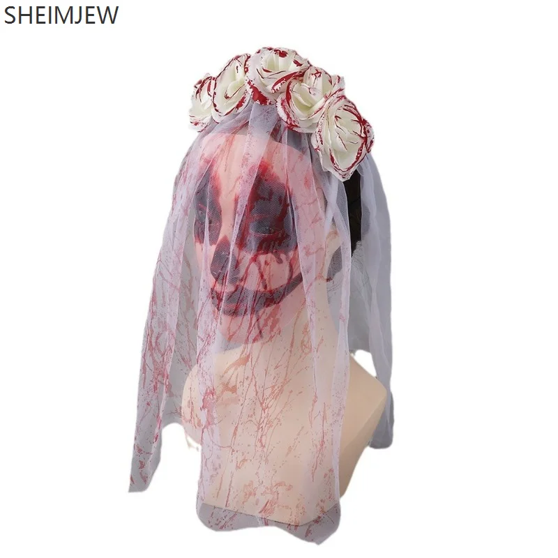Halloweenowy Gotycki Welon Ślubny Kwiatowa Ozdoba na Głowę Krwawa Maska Dziwne Akcesoria do Odgrywania Ról Dorosły Horror Tematyczne Rekwizyty Kostiumowe na Imprezę