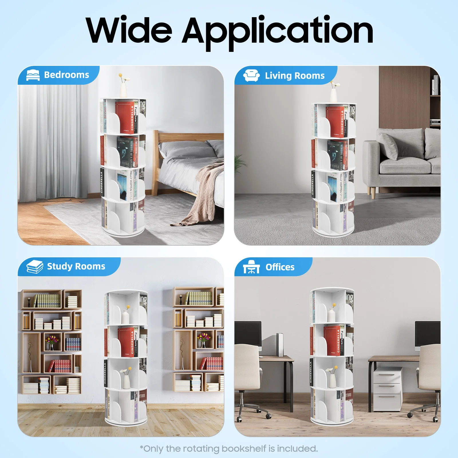Rotating Bookshelf , 360 Display Bookcase, 4-Tier Corner Bookshelf , Floor Standing Bookshelf for Living Room, Office