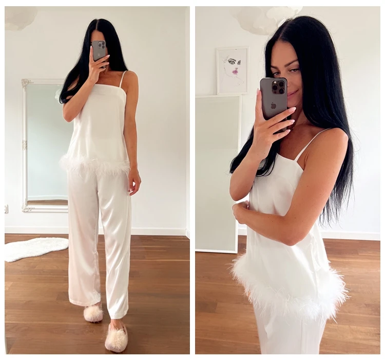 Satin Pajamas With Feathers Sleepwear Women Sets With Pants Black Spaghetti Strap Home Suit White Trouser Suits 2022