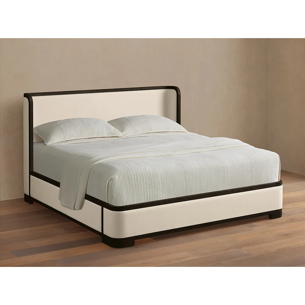 

！@Modern King Size Bed Wooden Bed Upholstered Fabric Bedroom Bed for Home Hotel