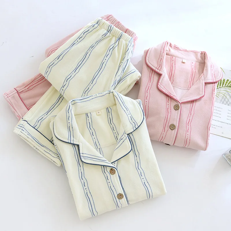 

Женский пижамный комплект из кораллового флиса в полоску с принтом, милая флисовая зимняя теплая одежда для сна, уютная удобная фланелевая домашняя одежда