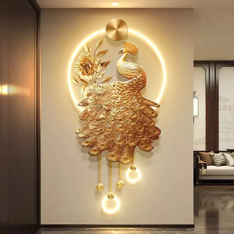 Luxury-glamorous Golden Peacock Entrance Wall LED Mural, High-end Corridor Entrance Door With Three-dimensional Illuminated Wall