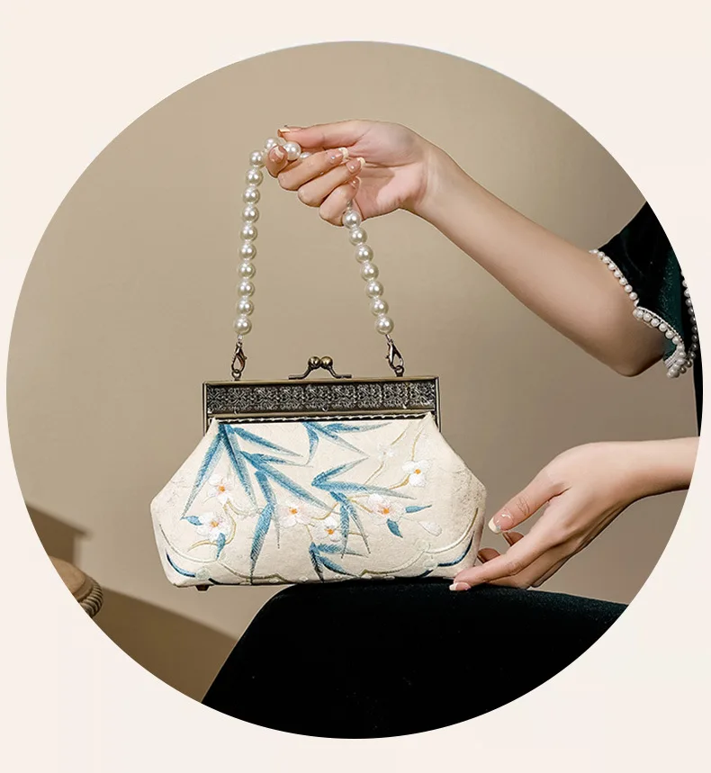 Women Vintage Retro Chic Floral Embroidery Small Size Handbag Female Victorian Edwardian Mobile Phone Pear Chain Shoulder Bag