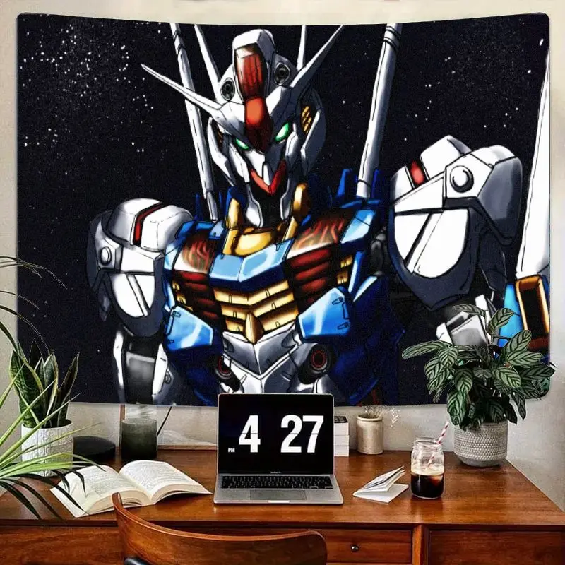 1PC Gundam-Style Futuristic Robot Tapestry Starry Night Sky White Blue Red Metallic Mech Wall Art Decor for Bedroom Living Room