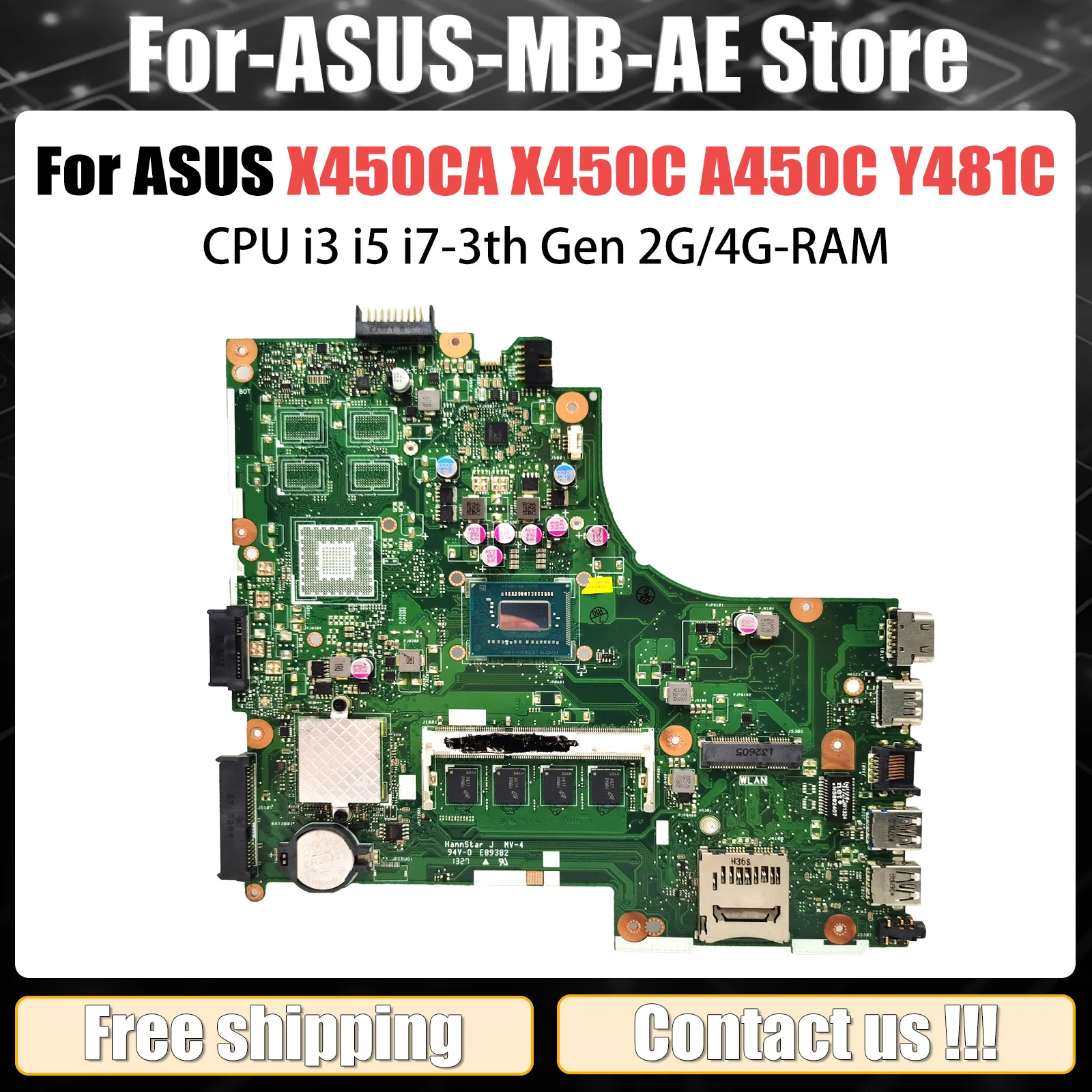 X450CA Mainboard For ASUS X450CC X450C A450C Y481C Laptop Motherboard With CPU i3 i5 i7-3th Gen 2G/4G-RAM 100% Tested OK