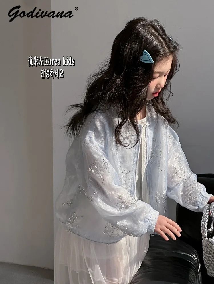 

Fashion Toddler Girls 2026 Spring New Coats Heavy Pearl Long Sleeve Zipper Jacket Luxury Lace Beaded Soft Breathable Outerwear