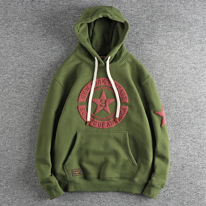 Autumn Winter New American Retro Thick Velvet Hooded Pentagram Printed Sweatershirts Men's Fashion Loose Casual Pullover Hoodies