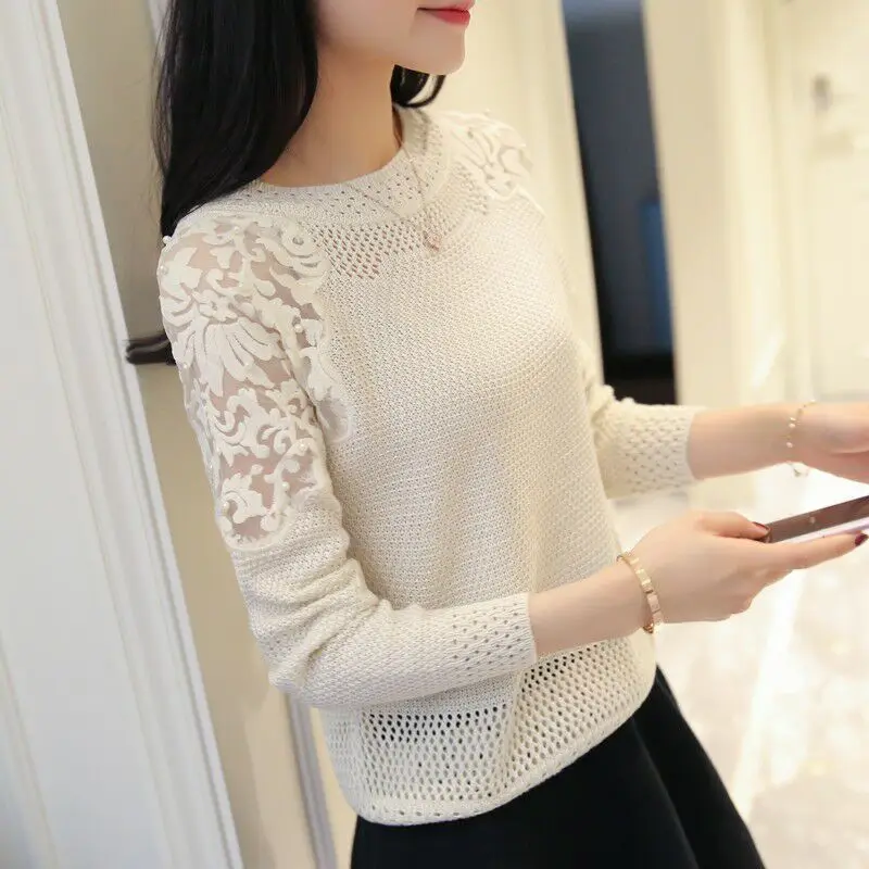 Jersey de punto con cuello redondo para mujer, suéter con cuentas de malla de encaje, parte inferior suelta, Tops de manga larga a la moda,