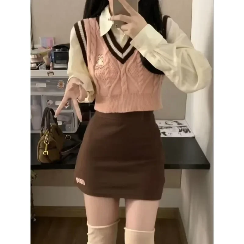 2024 outono doce rosa com decote em v camisola colete branco camisa de manga comprida saia marrom jk terno feminino y2k estética uniforme escolar