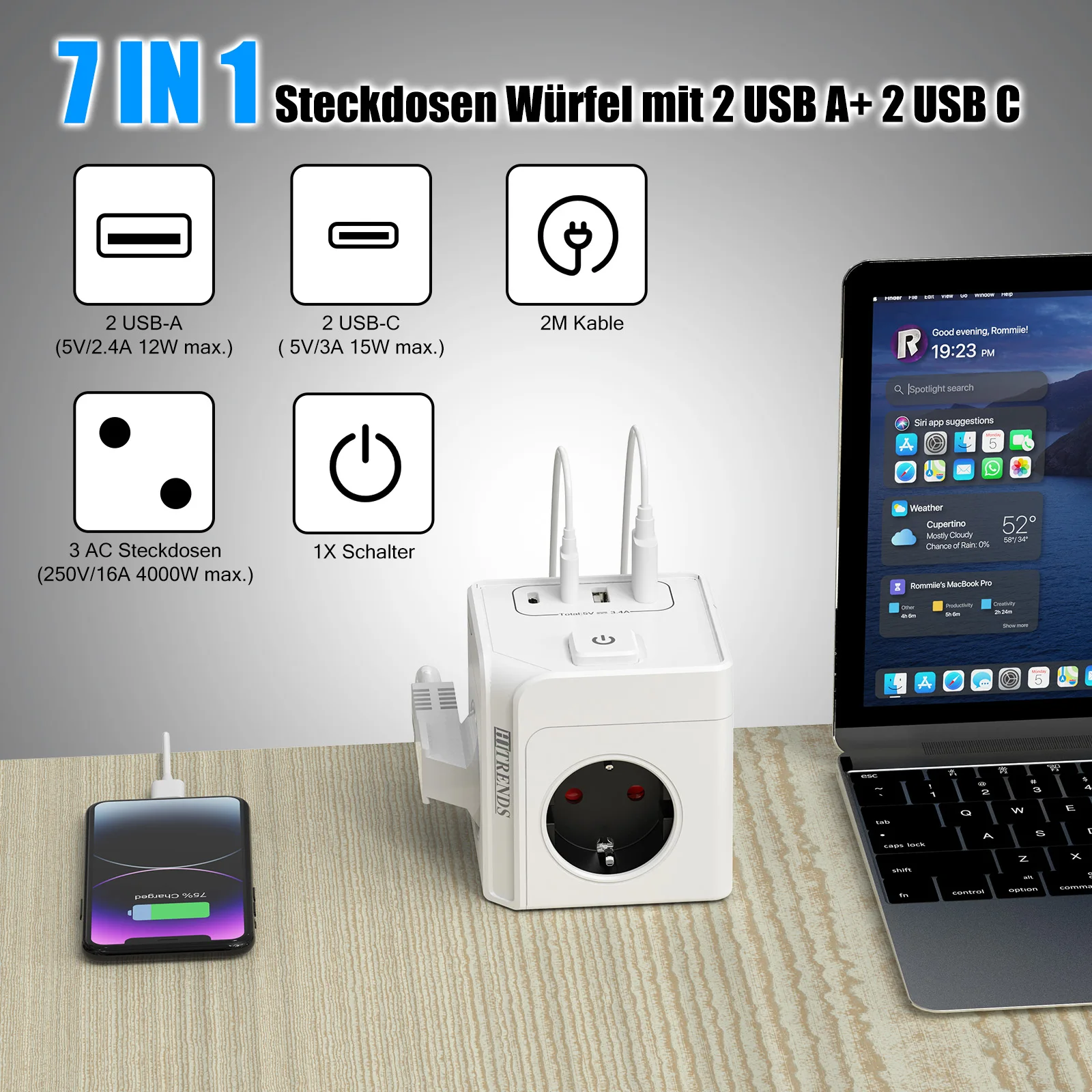Eu Plug Cube power outlet with magnetic base 2 USB-A and 2 USB-C charging ports Total control switch 2 meter extension cord
