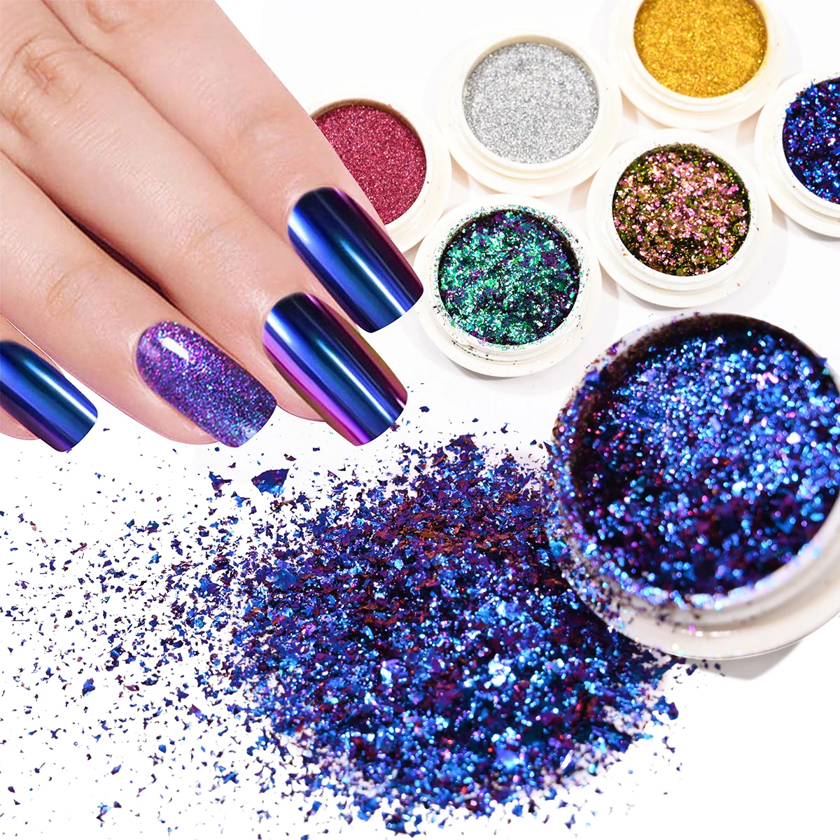 6Pcs/Set Chameleon Nail Glitter Magic Mirror Effect Opal Nails Powder Holographic Chameleon Flakes For UV Gel Nail Decorations