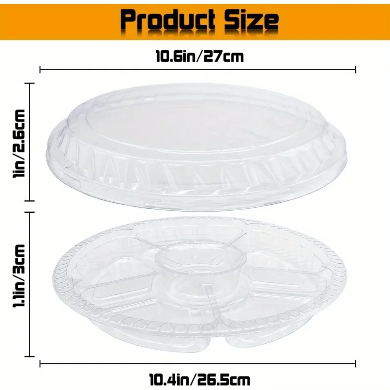 20 Packs Round Veggie Tray with Lid Fruit Tray 6 Divided Compartment Container Food Serving Dip Platter Reusable Catering Trays