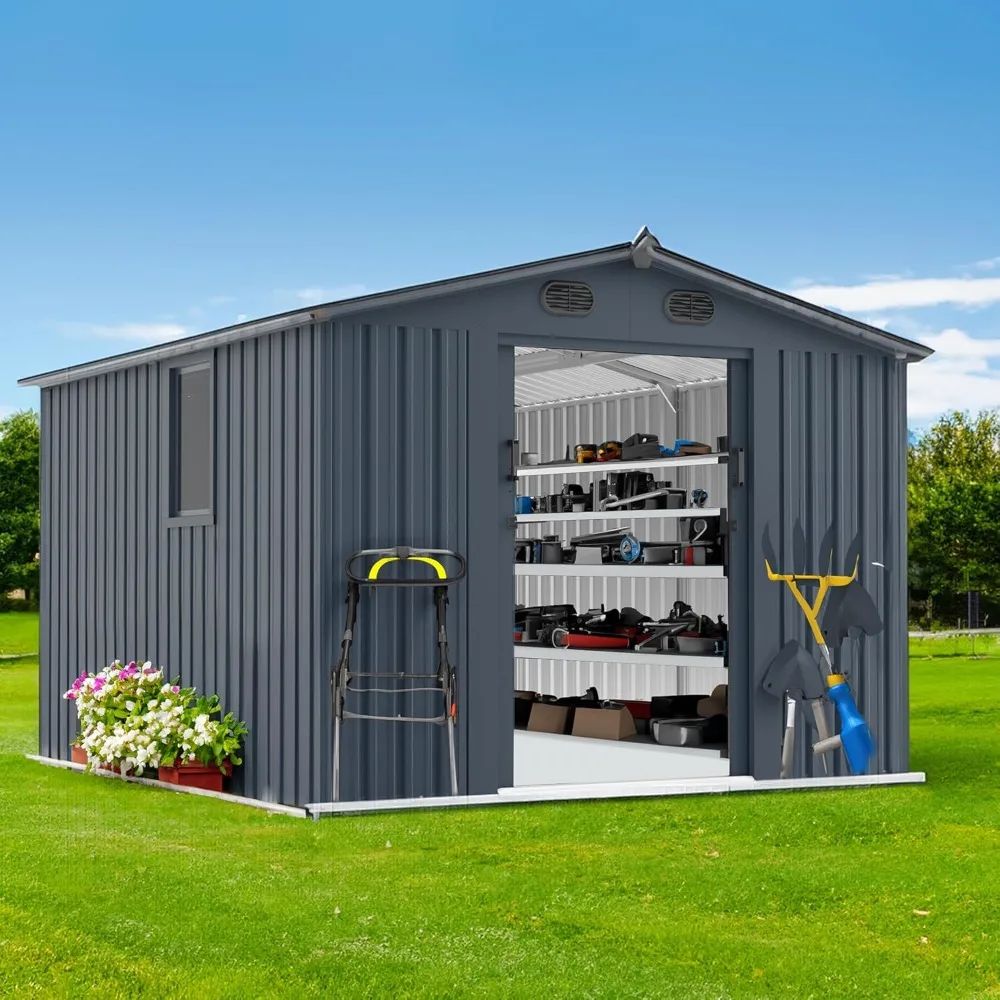 

8x10 FT Outdoor Storage Shed, Metal Garden Shed with Window, Outside Tool Sheds with Lockable Sliding Doors, Waterproof Storage