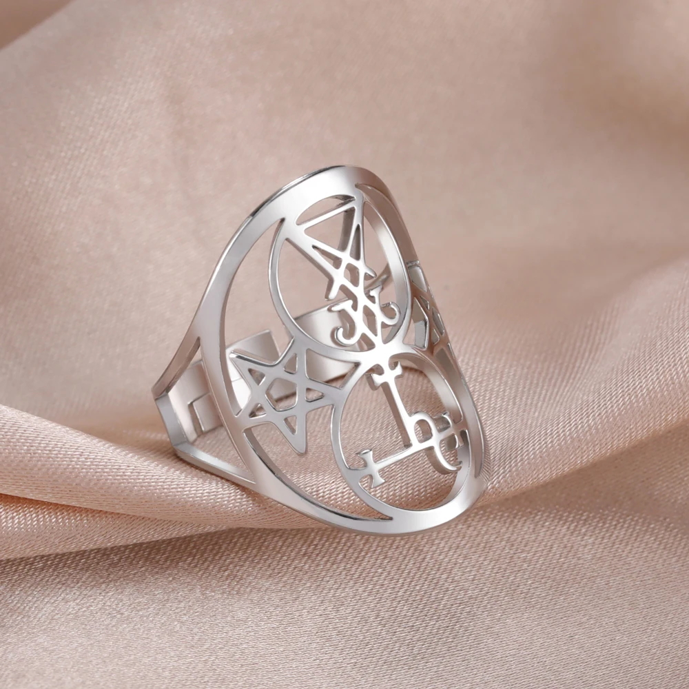 COOLTIME Sigil of Lilith Ring Vintage Stainless Steel Adjustable Pentagram Om Symbol Magic Couple Rings Amulet Jewelry Christmas