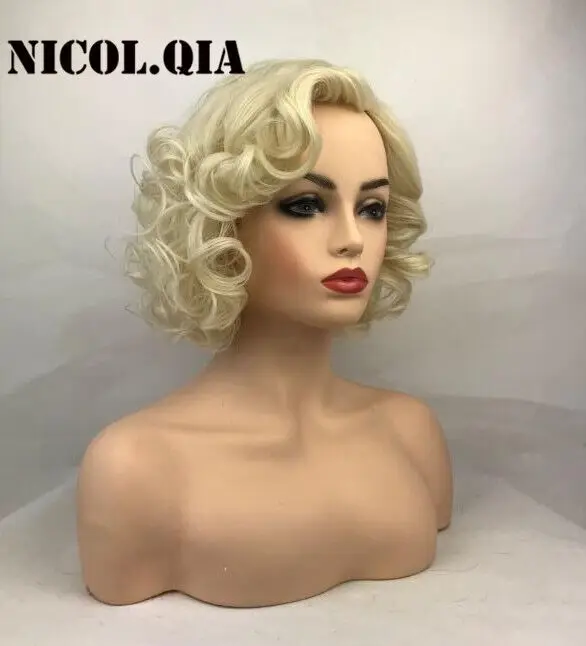 Short Chic Curly Hair Pale Blonde Synthetic Hair Wigs Heat Ok Women Fashion Wigs