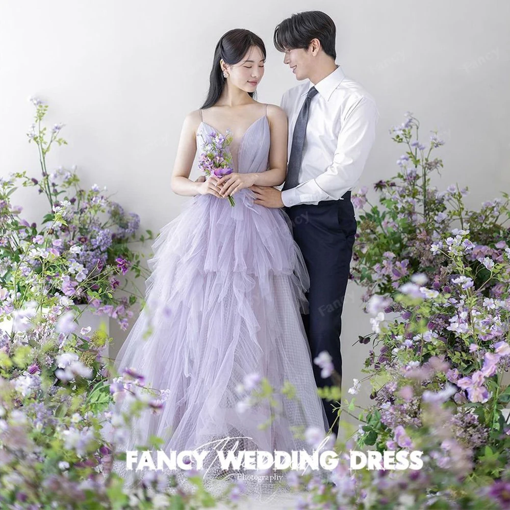 Fancy Simple Light Purple V Neck Wedding Dress Korea Photo Shoot Spaghetti Straps Sleeveless Bridal Gown Tulle customized