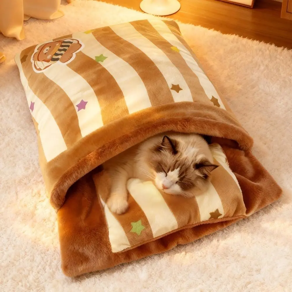 

Cat Sleeping Bed Warm Cat Sleeping Bag Semi-Enclosed Cartoon Pet Tunnel Bag Thickened Comfortable Cozy Cave Mat Winter