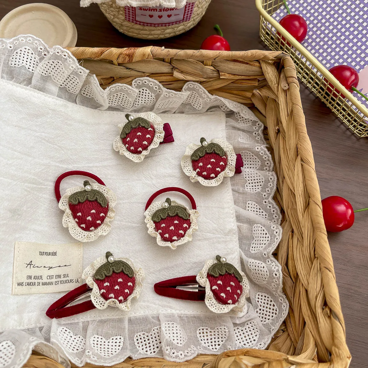 2pcs Lace Red Strawberry Hairpin Cute Bangs Side Clip Scrunchies Baby Girl Hair Rope Tie Elastic Hair Band Kids Hair Accessories