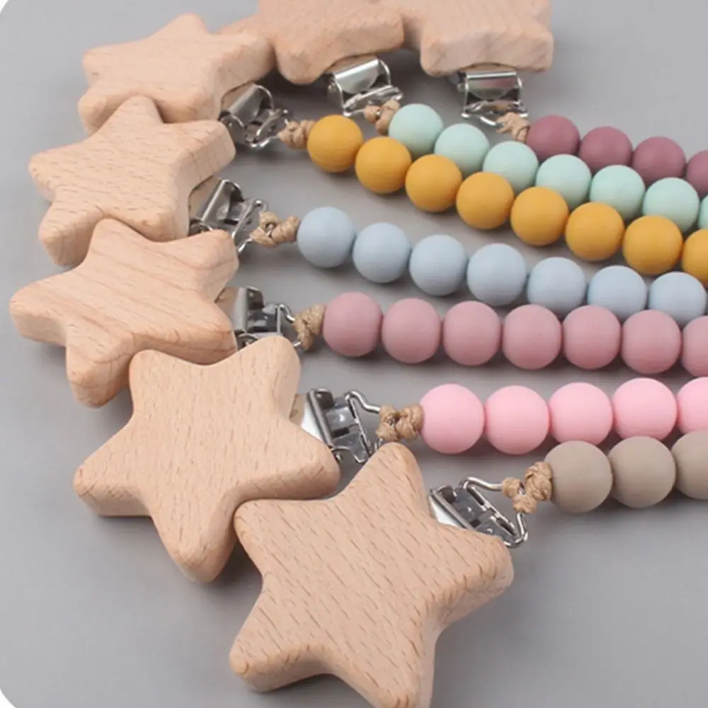 Multi-color Soft Beads Anti-drop Beech Wood Wooden Silicone Molar Chain Baby Pacifier Chain Pacifier Clips Chains Lanyard