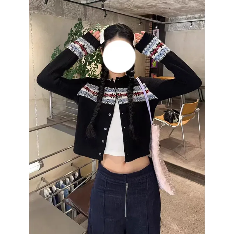 Women's Black Fair Isle Sweater Coat Autumn New Style High Grade Sense Lazy Style Loose Korean Style Short Knit Cardigan