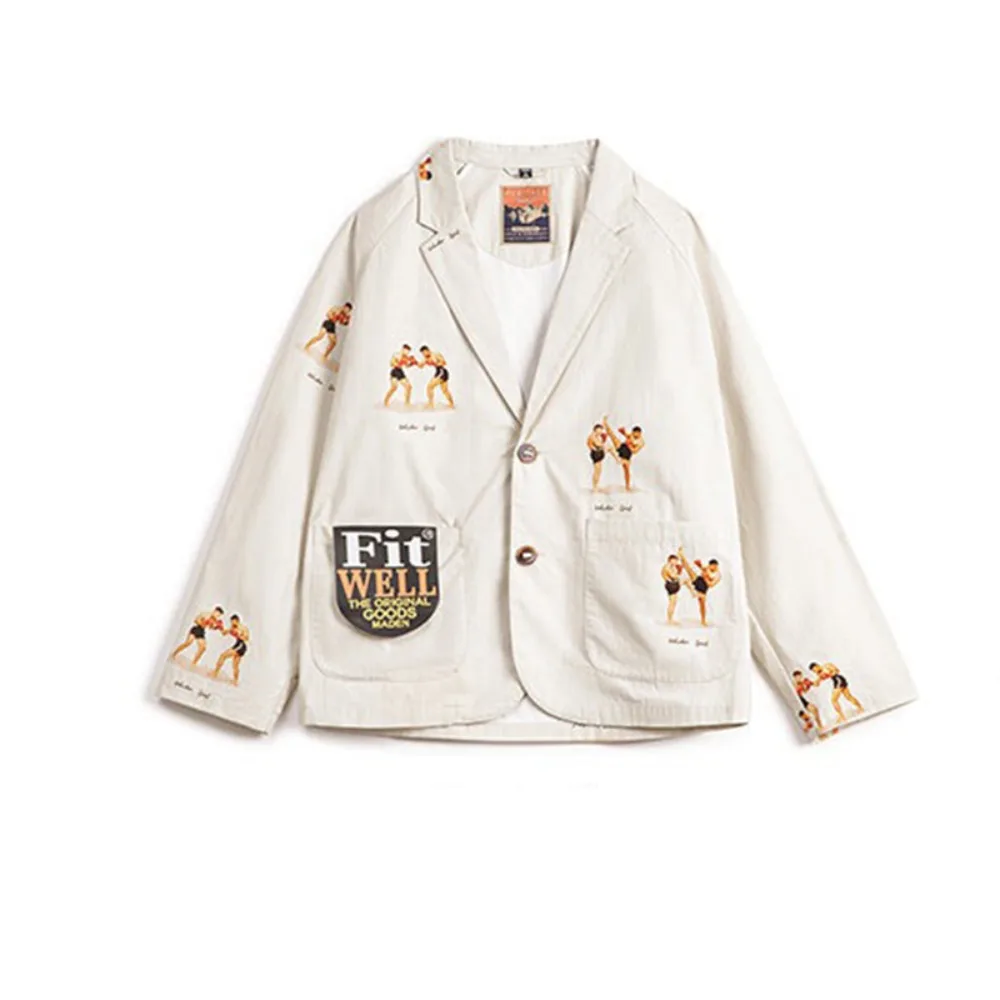 American Casual Notched Collar Suit Printed White Pure Cotton Long Sleeved Men's Spring Style Coat Jacket
