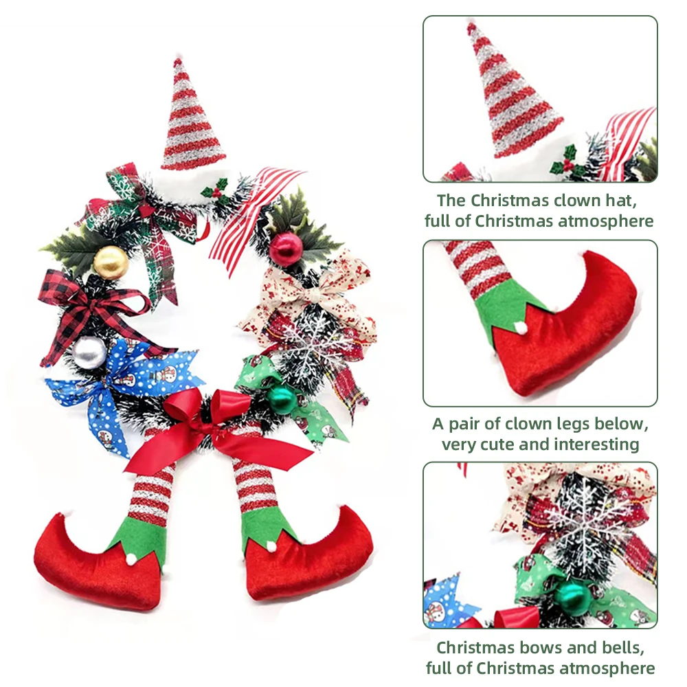 Christmas Christmas Wreath Front Door Decor Christmas Wreath with Clown Leg Decor Artificial Door Wreath Ornament