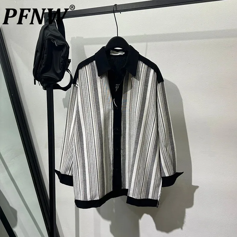 

PFNW Men's Vertical Striped Shirt Trendy Fitting Casual Versatile Summer Male Turn-down Collar Original Personality Tops 21Z4373