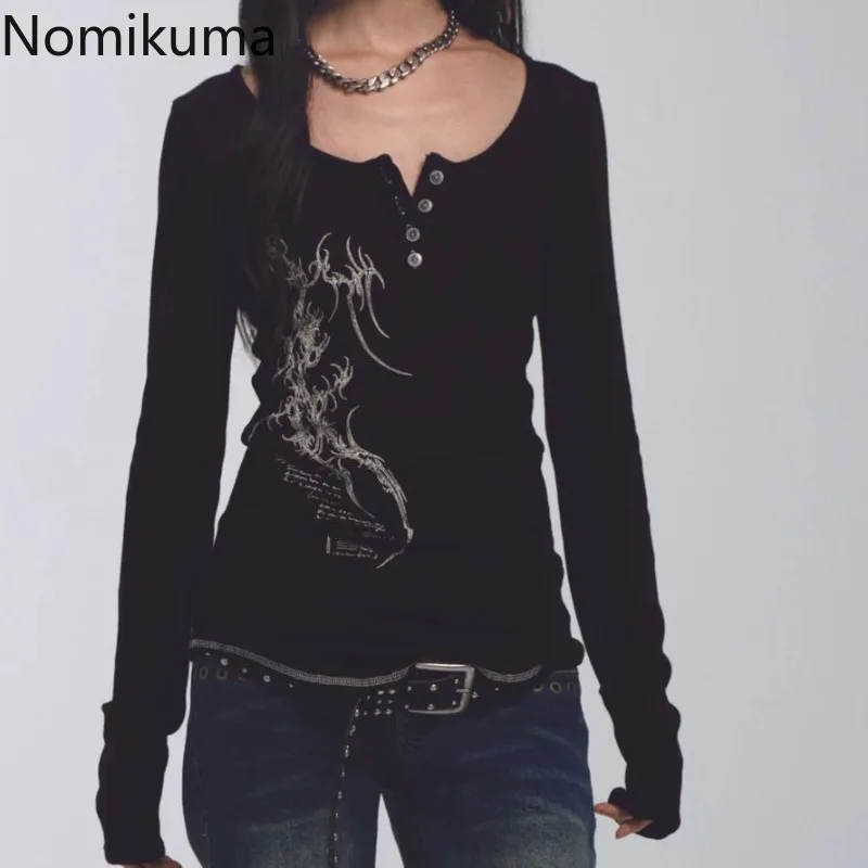 Punk T Shrits Korean Women Clothes Print Long Sleeve Tunic Tees 2025 Ropa Mujer Vintage Chic Tshirts Casual O-neck T-shirt Tops