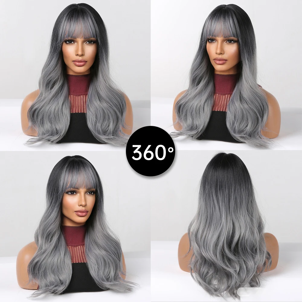 EASIHAIR Long Wavy Silver Gray Synthetic Wigs with Bangs Ombre Ash Cosplay Hair Wigs for Women Daily Party Heat Resistant Fiber