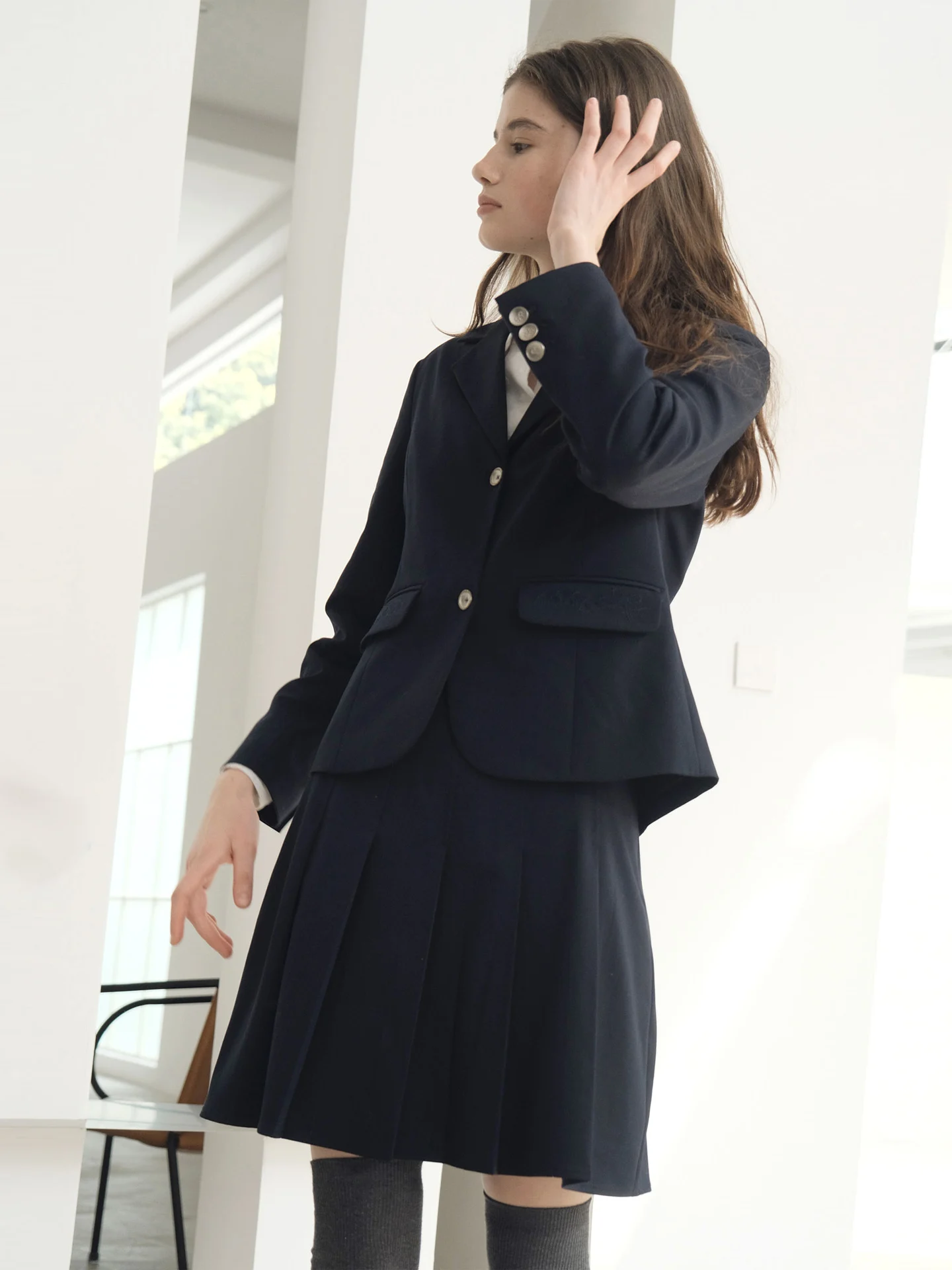 

Модный женский костюм средней длины MintCheese с вышивкой колокольчиков, синий, из японской ткани, с пуговицами