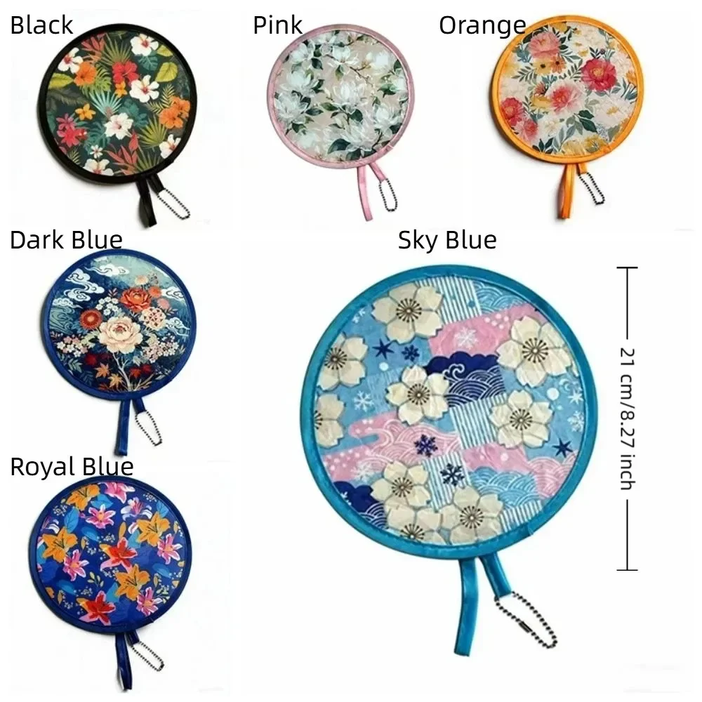 Decorative Japanese Style Folding Fan Round Flower Pattern Handheld Fan With Pocket Collapsible Fan Summer Travel
